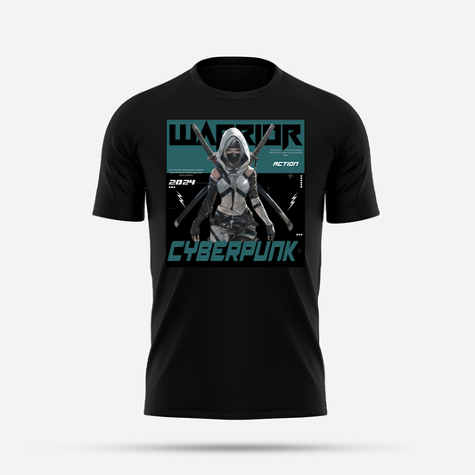 futuristic girl warrior cyberpunk, graphic tees selling on goatapparels 