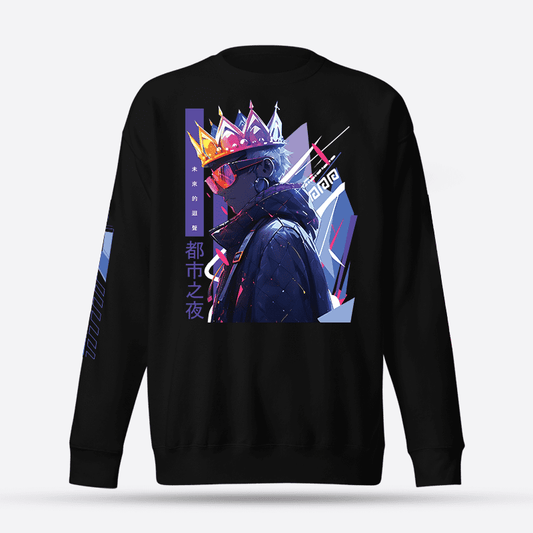 cyberpunk warrior theme black graphic crewneck sweatshirt